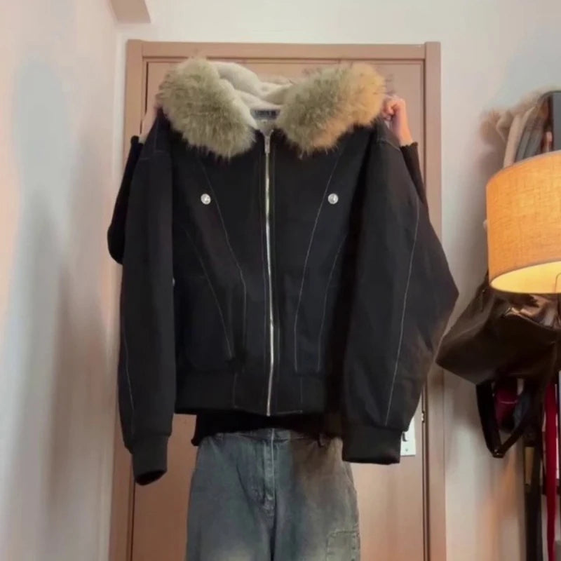 2000s Aesthetic Black Elegant Jacket Woman 2025 Winter Y2k Zip Up Hooded Design Harajuku Coat Female Loose Casual Punk Outfits