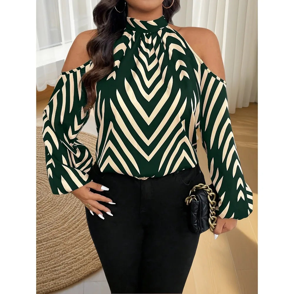 Plus Size Women’s Fashion Striped Printed Off Shoulder Fashionable Shirt
