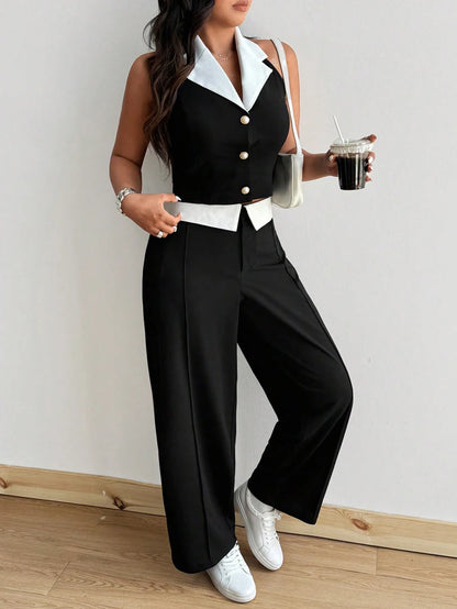 Plus Size Hanging Neck Vest Pure Desire Spice Girl Temperament Fashion Black and White Color Clash Sexy Two Piece Set