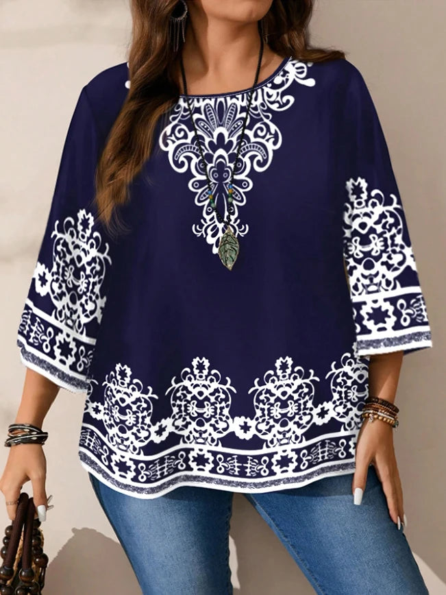 Plus Size Women's Boho Print T - Shirt, Navy Blue with White Floral Patterns, 3/4 Sleeves, Super Comfy for Daily Casual Wear