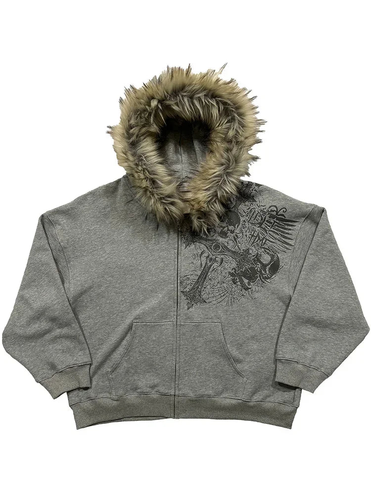 Autumn/Winter Women Aesthetic Faux Fur Collar Hoodies Clothes Graphic Hip Hop Punk Gothic Zip Up Hoodies 2025 new by ChrissysEye