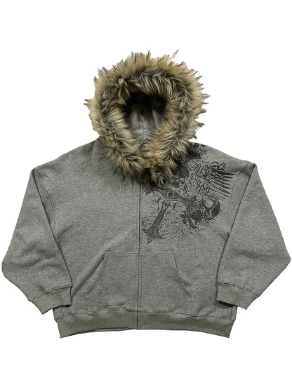 Autumn/Winter Women Aesthetic Faux Fur Collar Hoodies Clothes Graphic Hip Hop Punk Gothic Zip Up Hoodies 2025 new by ChrissysEye