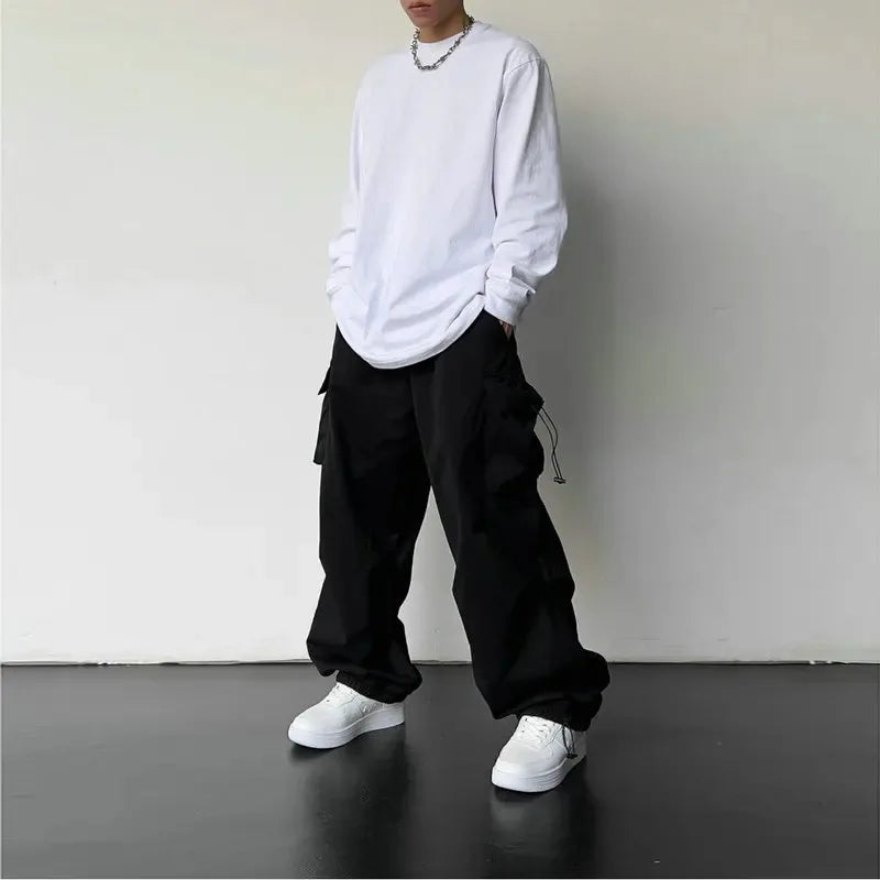 Men's Casual Cargo Pants Fashion Streetwear Classic Man Straight Wide-leg Pants Drawstring Workwear Trendy Loose Cargo Trousers by ChrissysEye