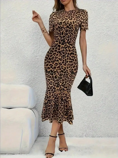 European Style Leopard Print round Neck Short Sleeve Fish Tail Hem Long Dress by ChrissysEye
