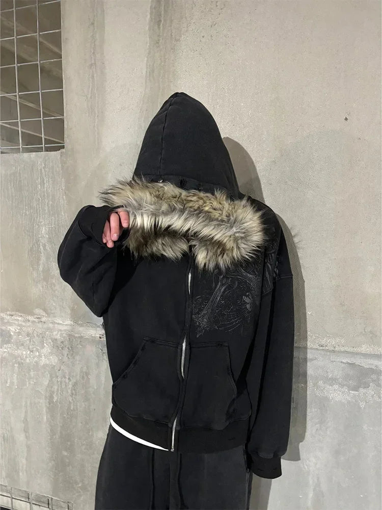 Autumn/Winter Women Aesthetic Faux Fur Collar Hoodies Clothes Graphic Hip Hop Punk Gothic Zip Up Hoodies 2025 new by ChrissysEye