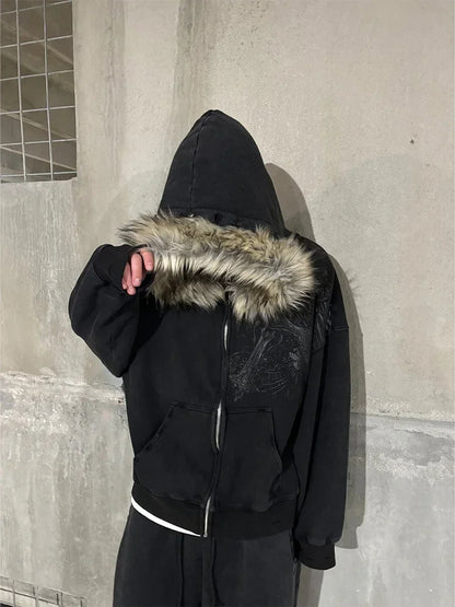 Autumn/Winter Women Aesthetic Faux Fur Collar Hoodies Clothes Graphic Hip Hop Punk Gothic Zip Up Hoodies 2025 new by ChrissysEye