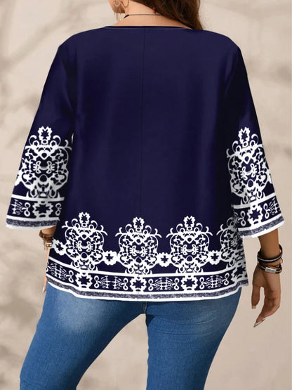 Plus Size Women's Boho Print T - Shirt, Navy Blue with White Floral Patterns, 3/4 Sleeves, Super Comfy for Daily Casual Wear