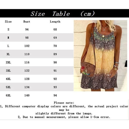 Summer Fashion Women's Plus Size 1XL-6XL Ladies Vintage Printed Casual Beach Dress Spaghetti Strap Loose Dress Boho Dress Robe