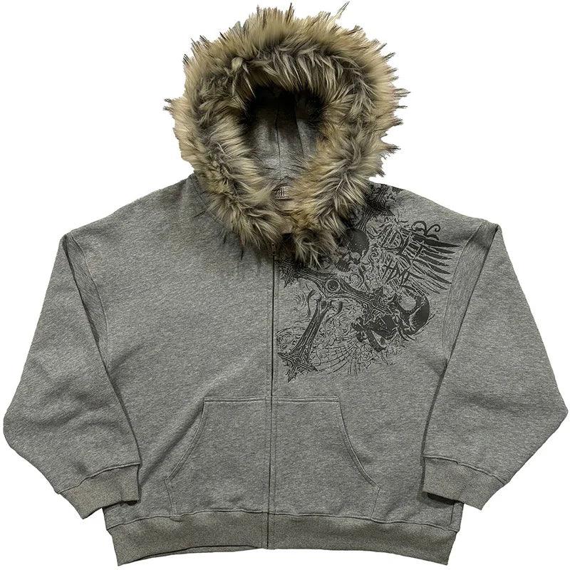 Autumn/Winter Women Aesthetic Faux Fur Collar Hoodies Clothes Graphic Hip Hop Punk Gothic Zip Up Hoodies 2025 new by ChrissysEye
