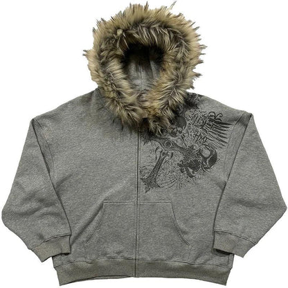 Autumn/Winter Women Aesthetic Faux Fur Collar Hoodies Clothes Graphic Hip Hop Punk Gothic Zip Up Hoodies 2025 new by ChrissysEye