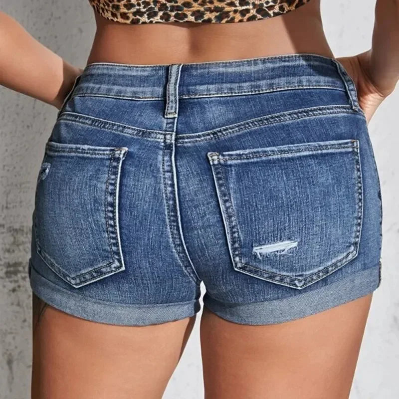 Women's Split Denim Shorts Mid Waist Curled Cuff Perforated Elastic Casual Shorts by ChrissysEye