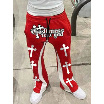 Men's Casual Street Style Trendy Cross Print Fashionable Slightly Flared Black and White Color-Block Design Sweatpants Men Pants by ChrissysEye