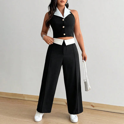 Plus Size Hanging Neck Vest Pure Desire Spice Girl Temperament Fashion Black and White Color Clash Sexy Two Piece Set