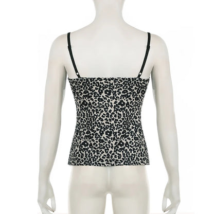 SUCHCUTE Leopard Print Slim Sexy Camisole Y2K Vintage 2000s Lace Patchwork V Neck Spaghetti Strap Tank Top Women Summer Vest New