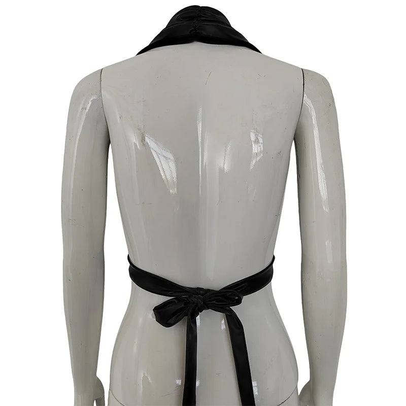 PU Imitation Leather Chest Front Hollow Out Tank Top Women Backless Sleeveless Bandage Halter Crop Tops Tube Top Cropped Vest