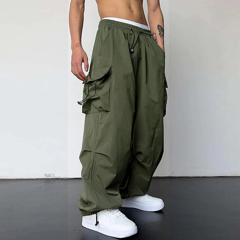 Men's Casual Cargo Pants Fashion Streetwear Classic Man Straight Wide-leg Pants Drawstring Workwear Trendy Loose Cargo Trousers by ChrissysEye