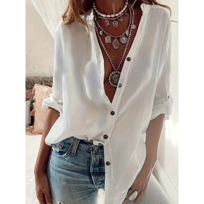 Plus Size 1XL-5XL Rollable Sleeve Solid Blouse Casual V Neck Button Front Blouse Ladies Casual Long Sleeves Blouse Shirt Top