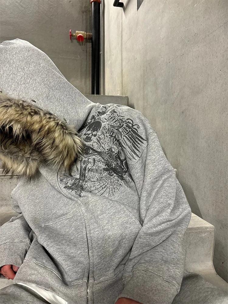 Autumn/Winter Women Aesthetic Faux Fur Collar Hoodies Clothes Graphic Hip Hop Punk Gothic Zip Up Hoodies 2025 new by ChrissysEye