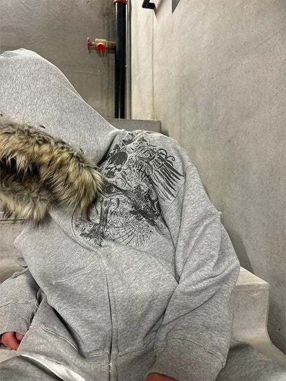 Autumn/Winter Women Aesthetic Faux Fur Collar Hoodies Clothes Graphic Hip Hop Punk Gothic Zip Up Hoodies 2025 new by ChrissysEye