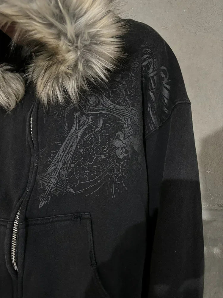 Autumn/Winter Women Aesthetic Faux Fur Collar Hoodies Clothes Graphic Hip Hop Punk Gothic Zip Up Hoodies 2025 new by ChrissysEye