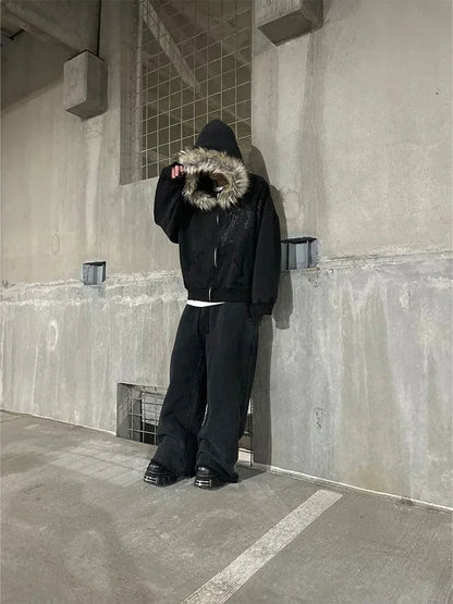 Autumn/Winter Women Aesthetic Faux Fur Collar Hoodies Clothes Graphic Hip Hop Punk Gothic Zip Up Hoodies 2025 new by ChrissysEye