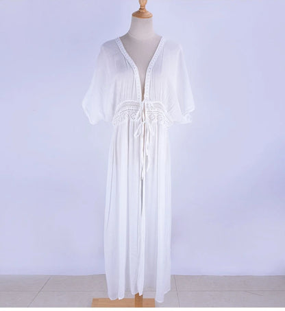 Womens Long Lace Cover Up Sheer Bikini Kimono Tie Front Bathing Suit Swimsuit Beachwear