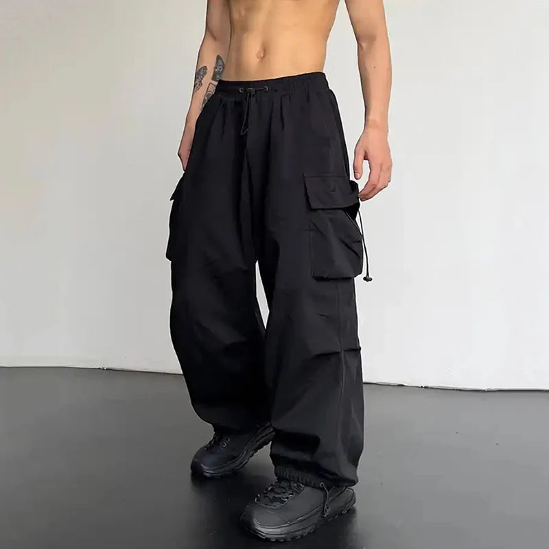 Men's Casual Cargo Pants Fashion Streetwear Classic Man Straight Wide-leg Pants Drawstring Workwear Trendy Loose Cargo Trousers by ChrissysEye