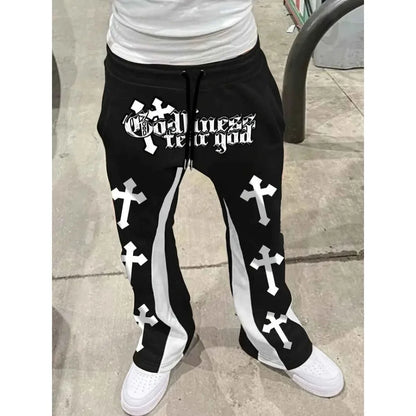 Men's Casual Street Style Trendy Cross Print Fashionable Slightly Flared Black and White Color-Block Design Sweatpants Men Pants by ChrissysEye
