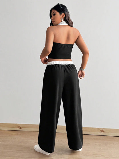Plus Size Hanging Neck Vest Pure Desire Spice Girl Temperament Fashion Black and White Color Clash Sexy Two Piece Set