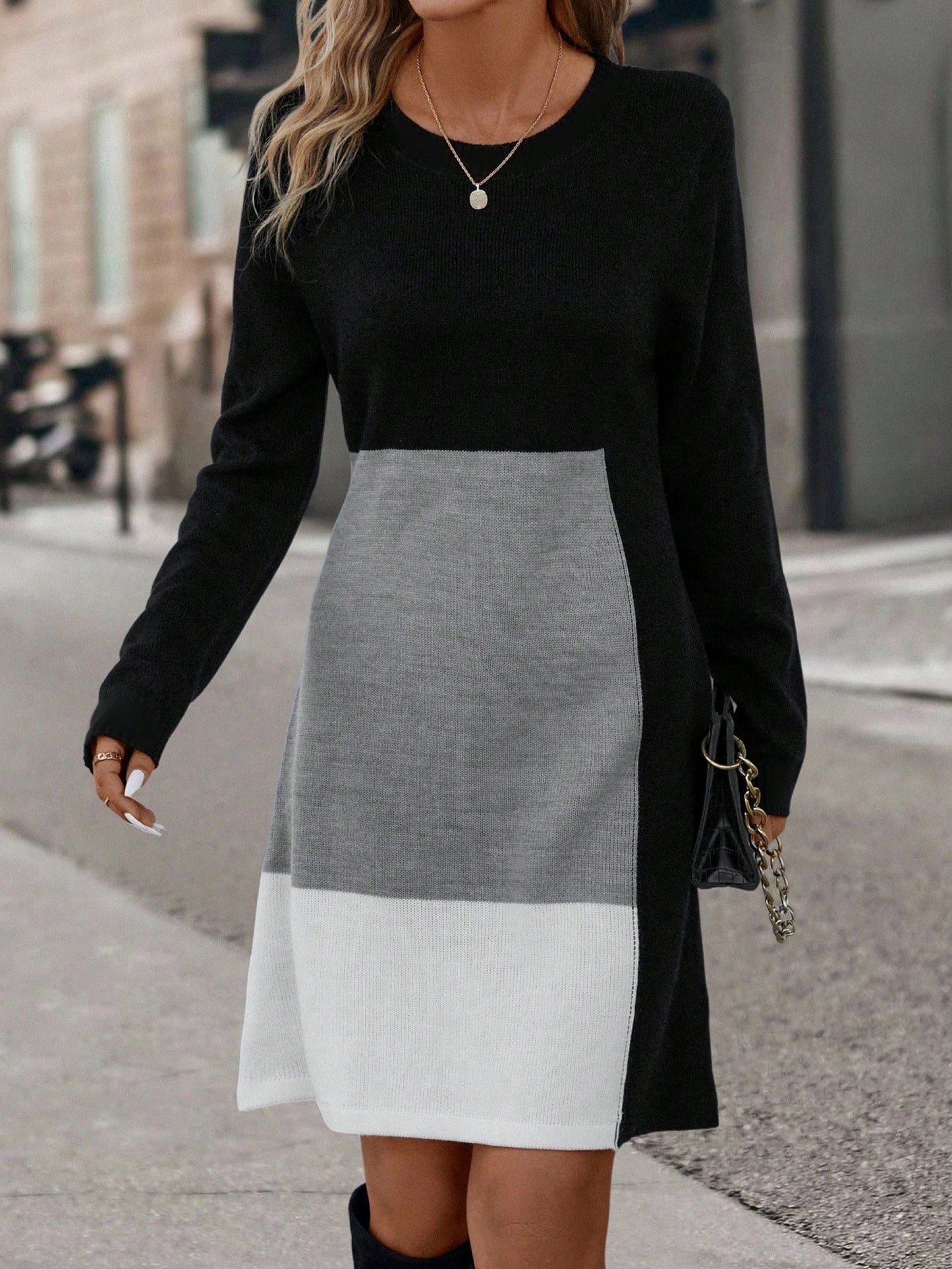 Women's Colorblock Round Neck Dress, Casual Long Sleeve Crew Neck Dress for Fall & Winter, Women's Clothing for Daily Wear