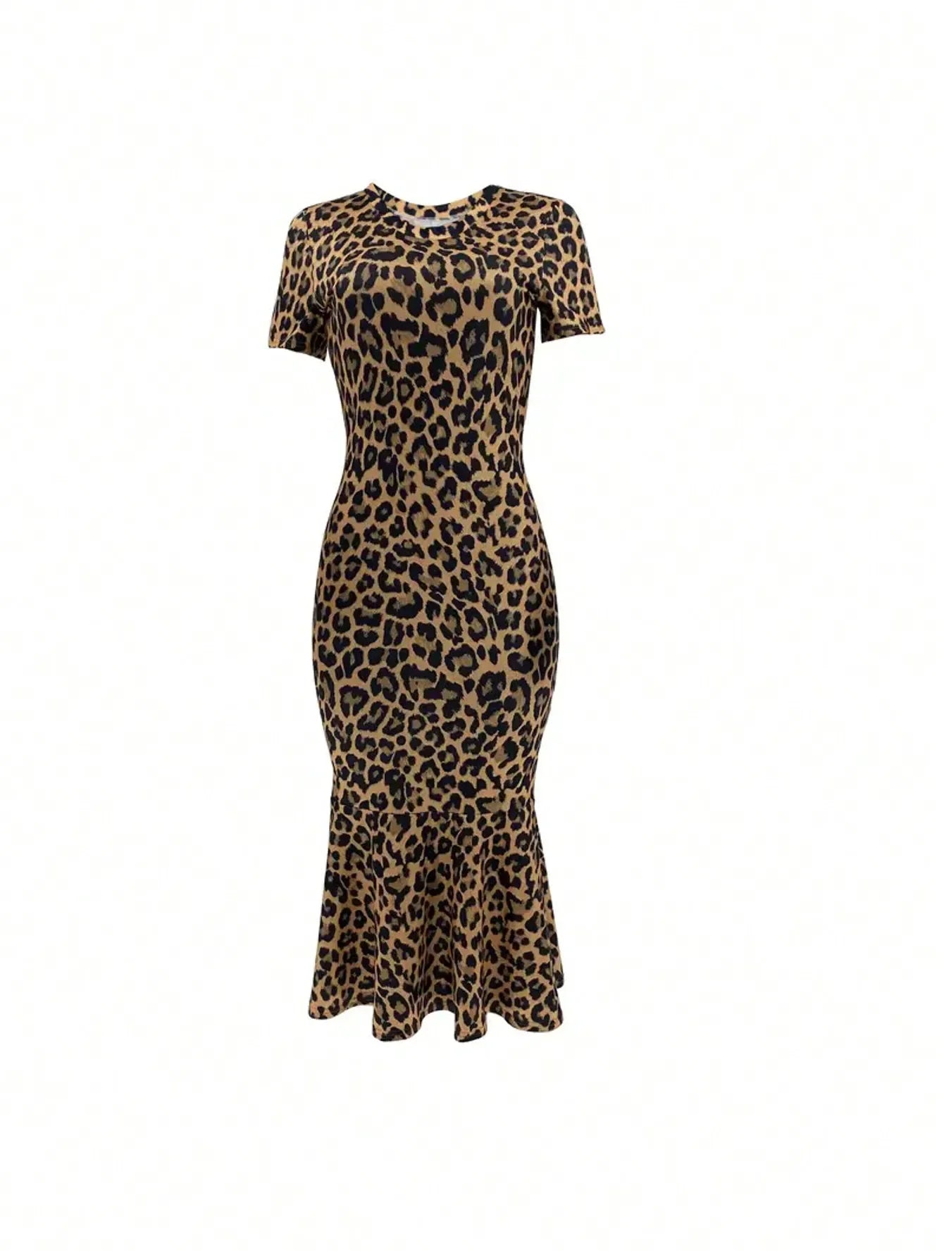 European Style Leopard Print round Neck Short Sleeve Fish Tail Hem Long Dress by ChrissysEye