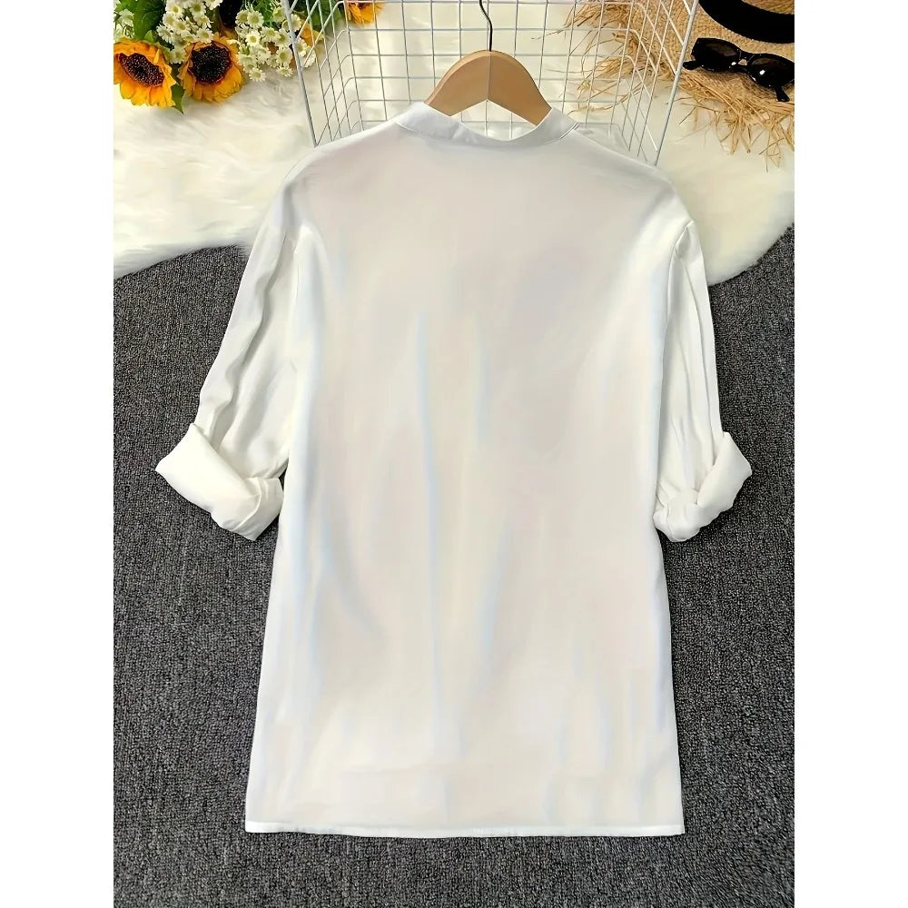 Plus Size 1XL-5XL Rollable Sleeve Solid Blouse Casual V Neck Button Front Blouse Ladies Casual Long Sleeves Blouse Shirt Top