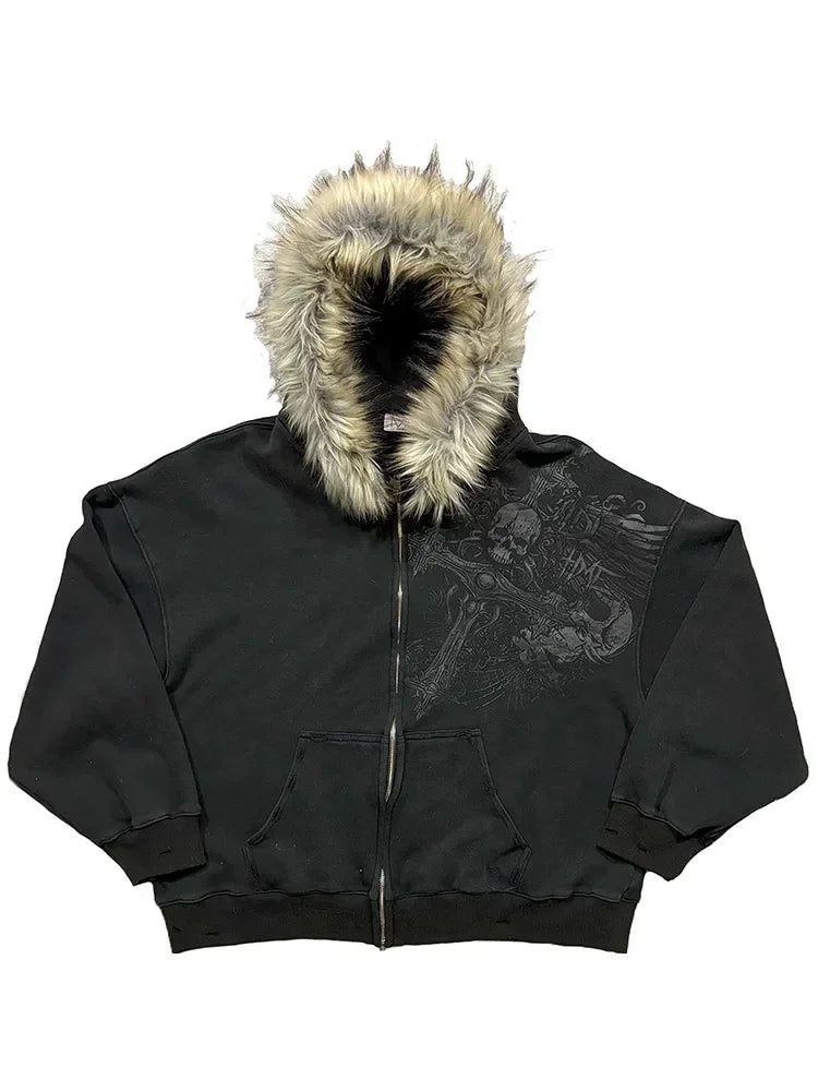 Autumn/Winter Women Aesthetic Faux Fur Collar Hoodies Clothes Graphic Hip Hop Punk Gothic Zip Up Hoodies 2025 new by ChrissysEye