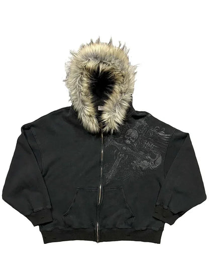 Autumn/Winter Women Aesthetic Faux Fur Collar Hoodies Clothes Graphic Hip Hop Punk Gothic Zip Up Hoodies 2025 new by ChrissysEye