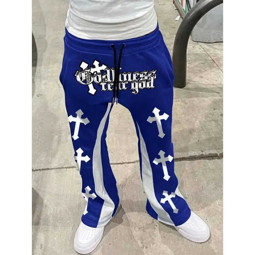 Men's Casual Street Style Trendy Cross Print Fashionable Slightly Flared Black and White Color-Block Design Sweatpants Men Pants by ChrissysEye