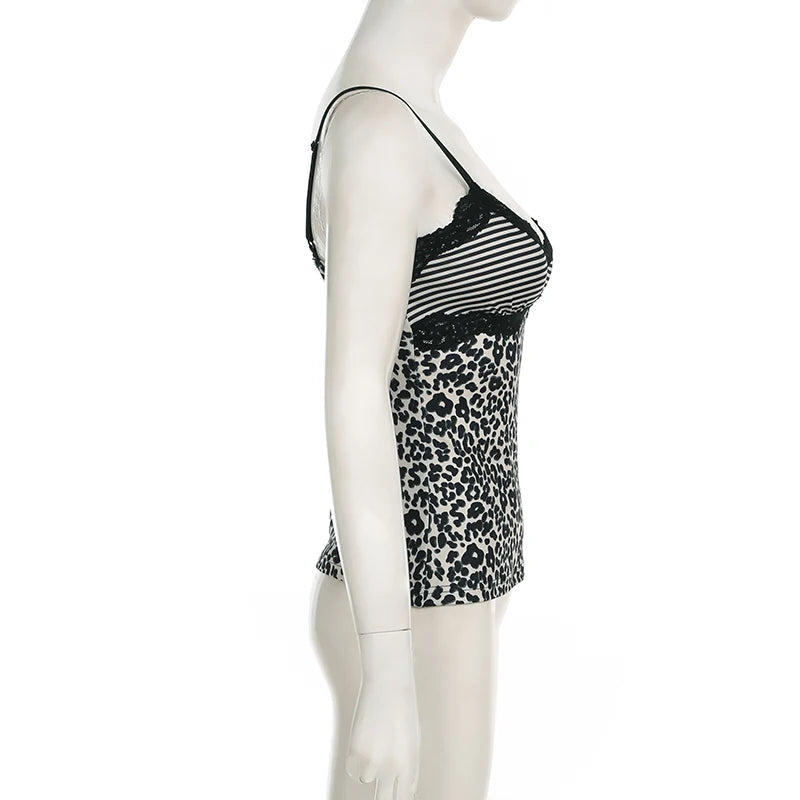 SUCHCUTE Leopard Print Slim Sexy Camisole Y2K Vintage 2000s Lace Patchwork V Neck Spaghetti Strap Tank Top Women Summer Vest New