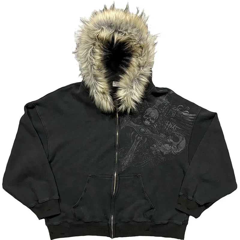 Autumn/Winter Women Aesthetic Faux Fur Collar Hoodies Clothes Graphic Hip Hop Punk Gothic Zip Up Hoodies 2025 new by ChrissysEye