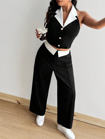 Plus Size Hanging Neck Vest Pure Desire Spice Girl Temperament Fashion Black and White Color Clash Sexy Two Piece Set