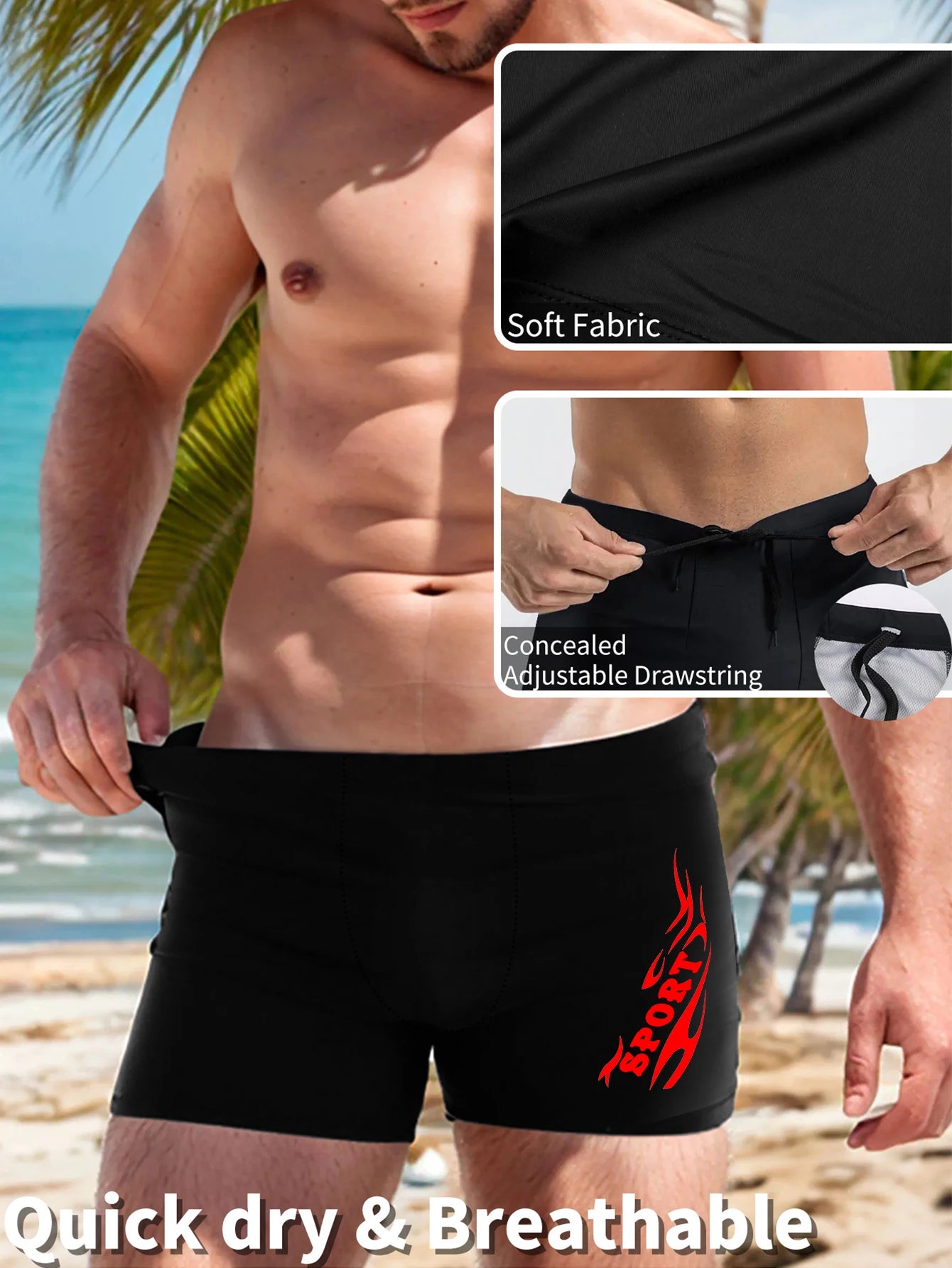 Men's Swimming Trunks with Sport Prints Quick, with Drawstring by Chrissy'seye