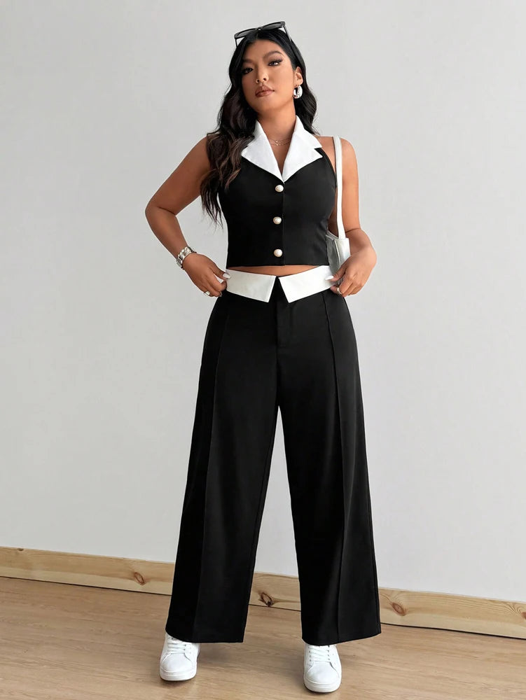 Plus Size Hanging Neck Vest Pure Desire Spice Girl Temperament Fashion Black and White Color Clash Sexy Two Piece Set