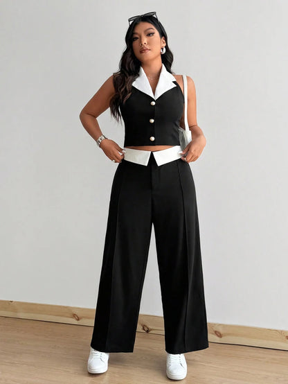 Plus Size Hanging Neck Vest Pure Desire Spice Girl Temperament Fashion Black and White Color Clash Sexy Two Piece Set