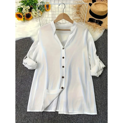 Plus Size 1XL-5XL Rollable Sleeve Solid Blouse Casual V Neck Button Front Blouse Ladies Casual Long Sleeves Blouse Shirt Top