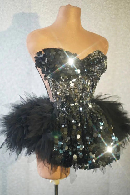 Glitter black dress sequin Sexy backless rhinestones birthday party nightclub DJ DS pole dance stage performance festival outfit - Chrissy's Eye