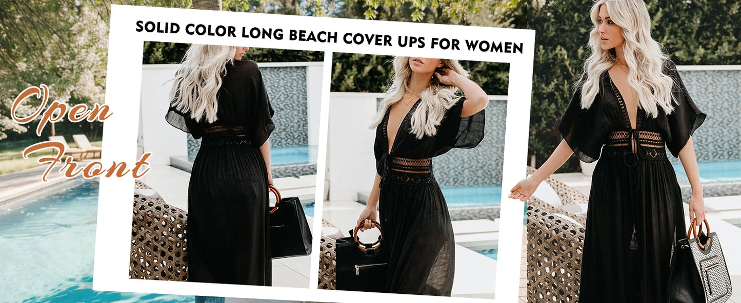 Womens Long Lace Cover Up Sheer Bikini Kimono Tie Front Bathing Suit Swimsuit Beachwear