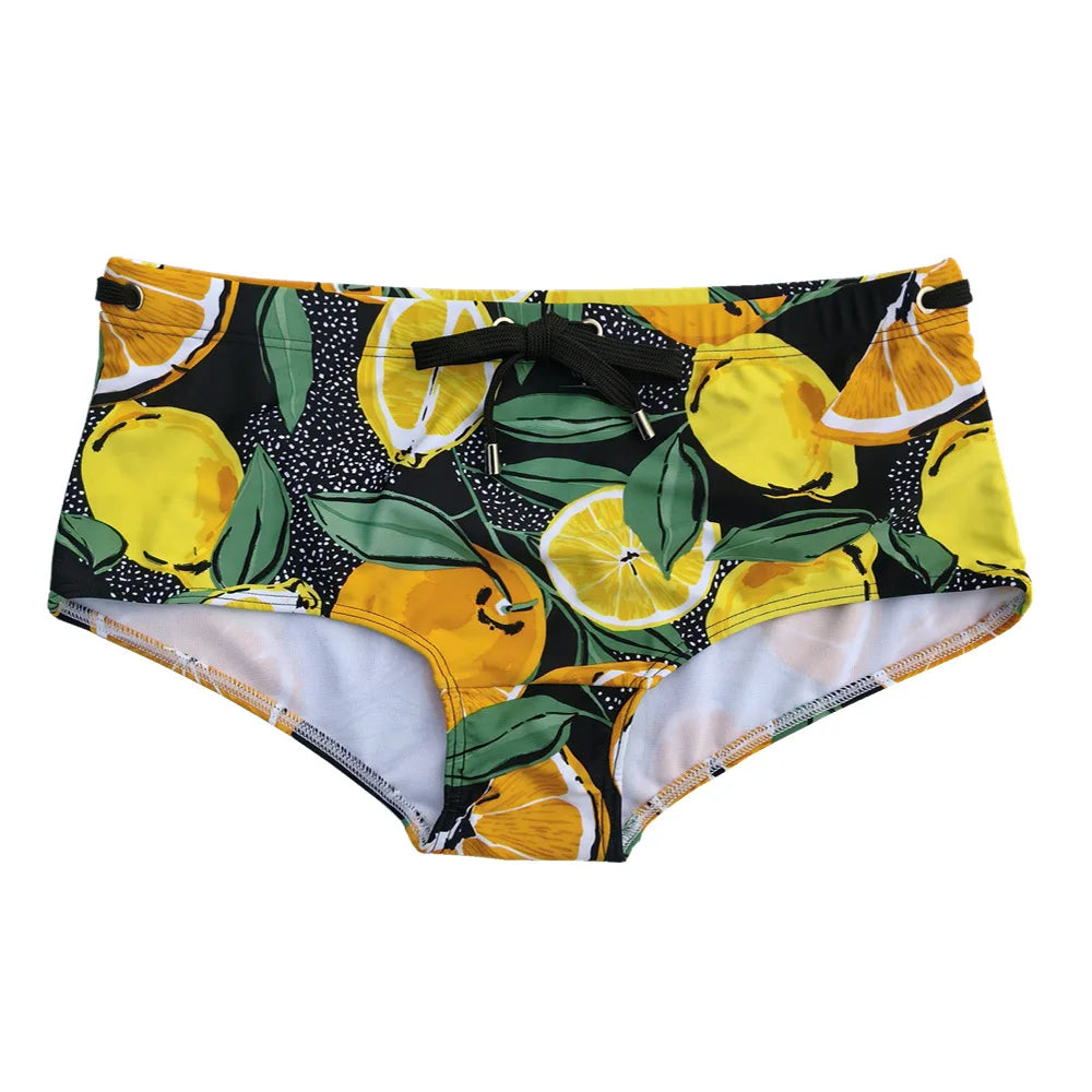 Mens Swimwear Swimsuits Swim Boxer Briefs Bikini Surfing Board Shorts Trunks Orange Print Pouch Water Sport Panties Beach Shorts